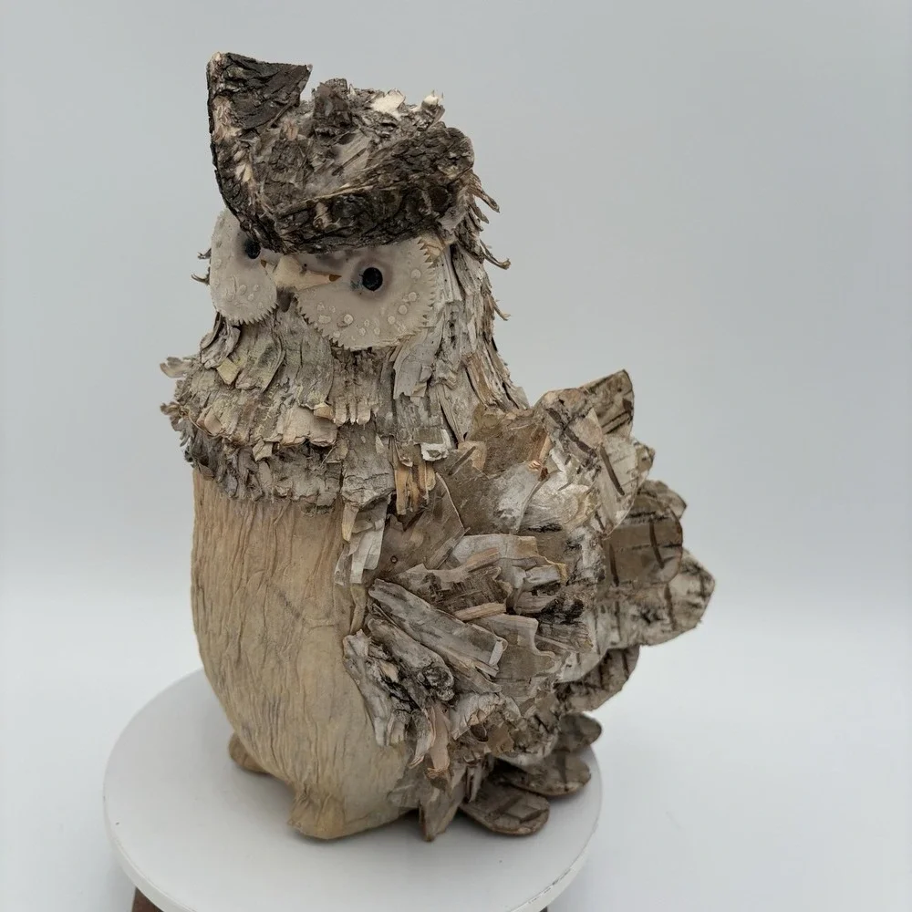Handmade Owl Figurine Tree Bark Chips Papier-Mâché Mixed Materials Nature Vtg 9
